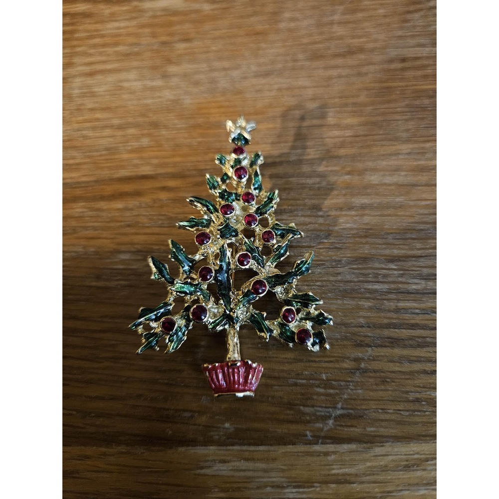 Vintage Christmas Tree Brooch Red Rhinestone Green Enamel Gold Tone Holiday Pin